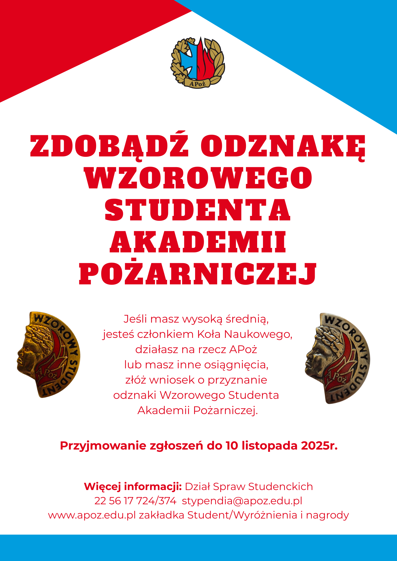 Złóż wniosek o odznakę "Wzorowy Student APoż" – termin do 10 listopada 2025 r.