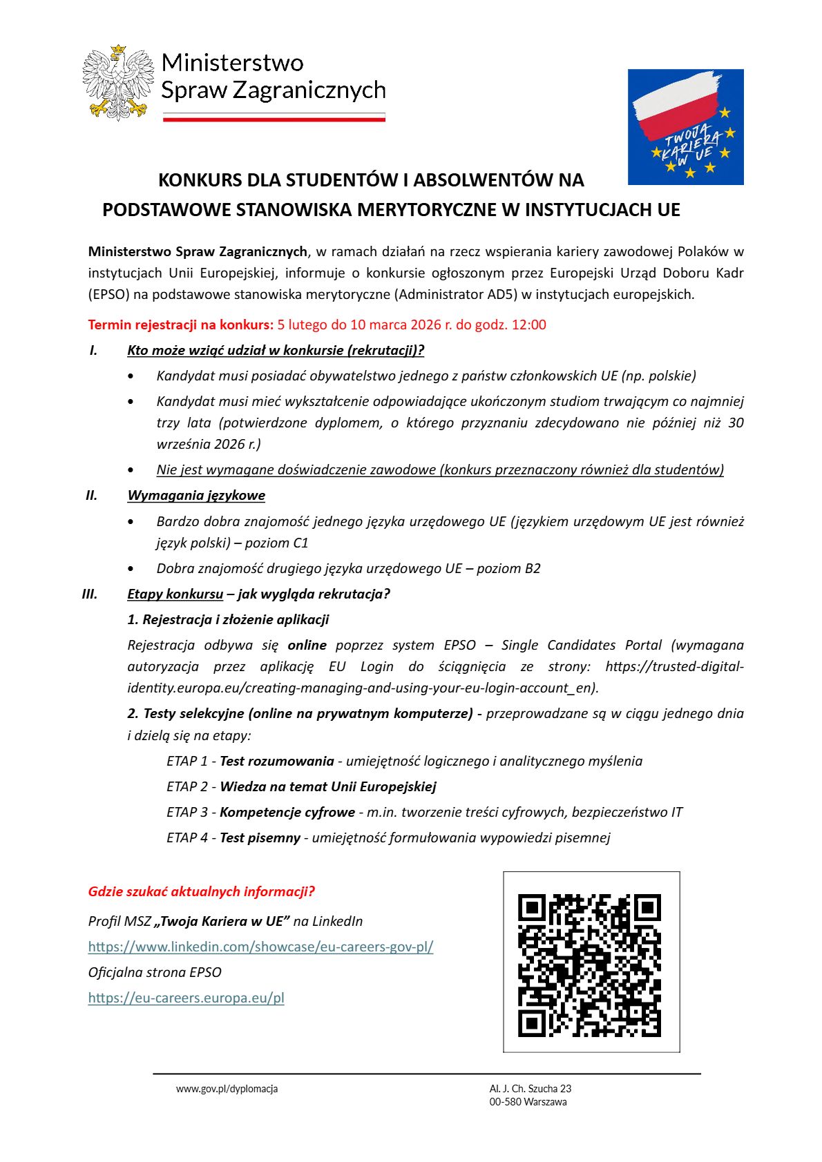 KONKURS DLA STUDENTÓW I ABSOLWENTÓW NA PODSTAWOWE STANOWISKA MERYTORYCZNE W INSTYTUCJACH UE
